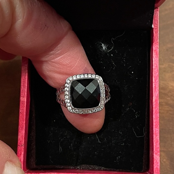 Faceted black Onyx Ring, cushion cut Rhodium plated split shank band, Sz. 7,NWT - Picture 15 of 16